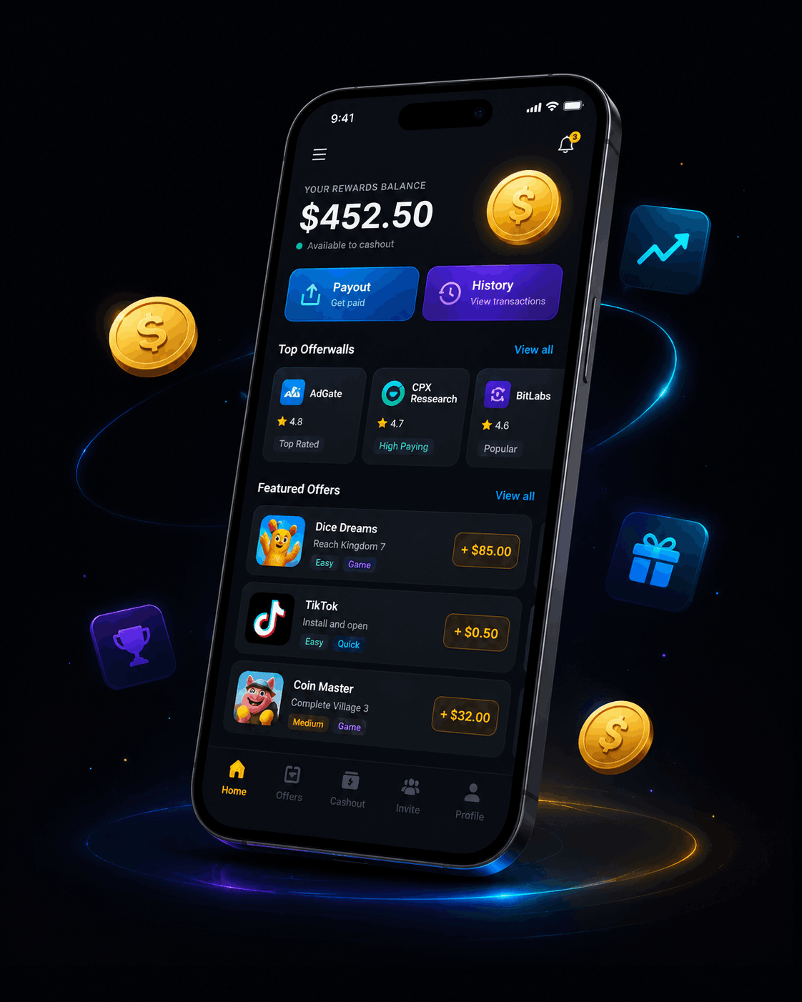 Cash In Wall rewards app mockup